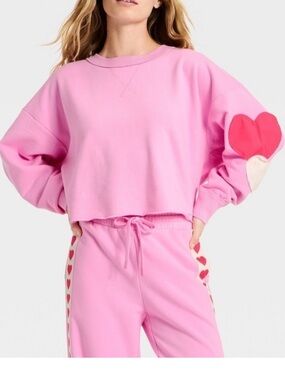 JoyLab M Pink Heart Sleeve Cropped Sweatshirt
